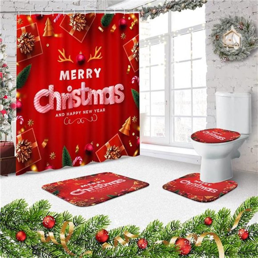 4 Pcs Merry Christmas Bathroom Sets with Shower Curtain and Rugs and Accessories